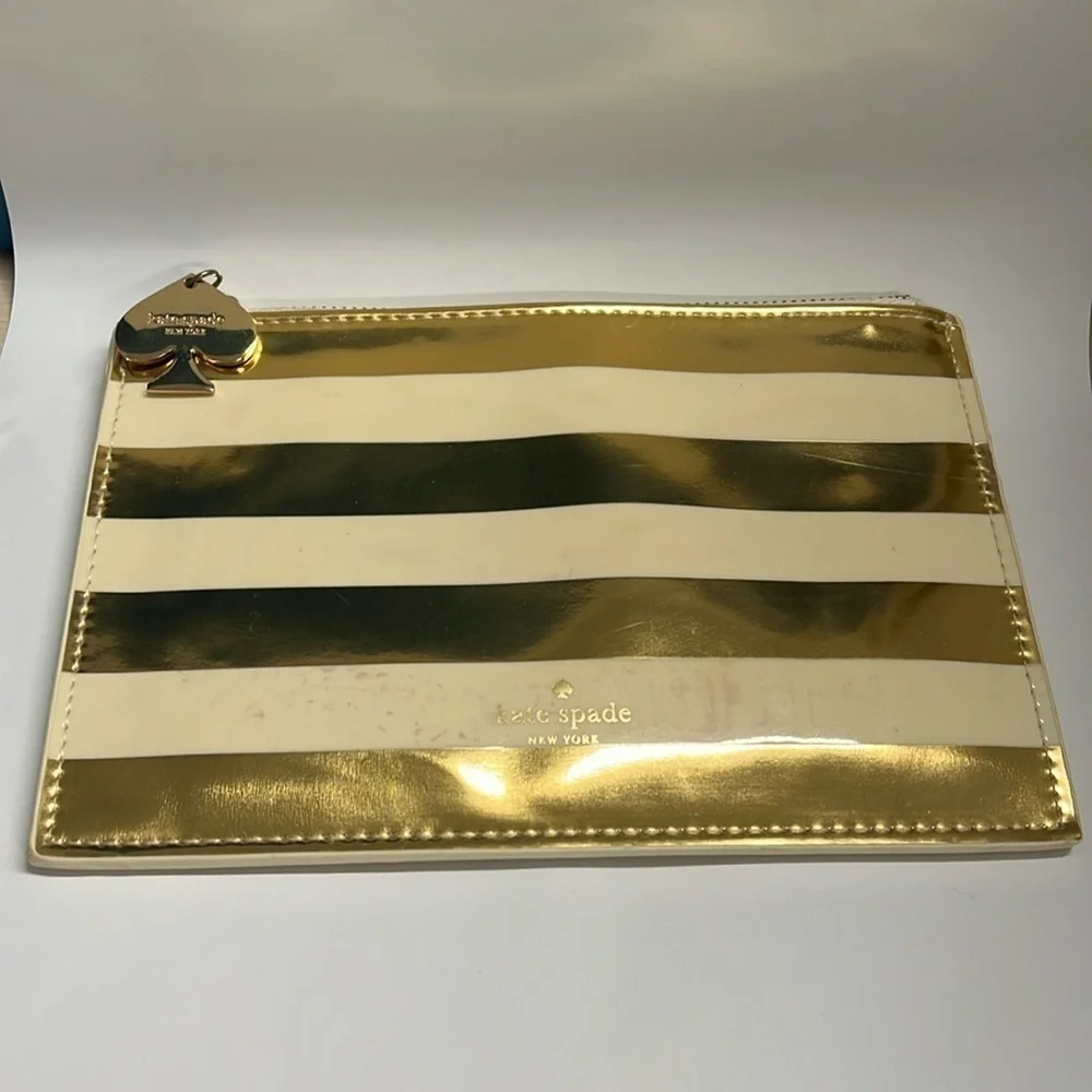 Kate Spade Large Gold Cream Patent Striped Zip Flat Pouch Clutch